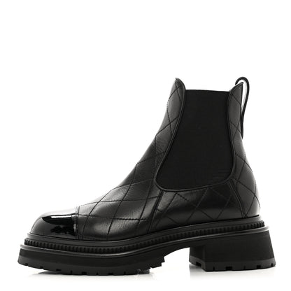 Chanel Calfskin Patent Cap Toe Quilted Short Boots 36.5 Black 1 of 9