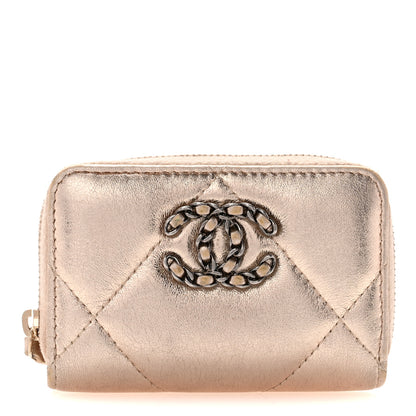 Chanel Metallic Lambskin Quilted Chanel 19 Zip Around Coin Purse Wallet Gold 1 of 13