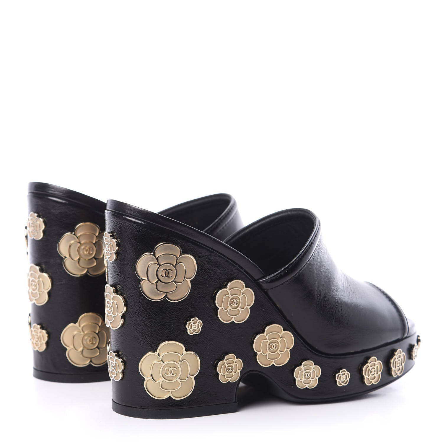 Chanel Crumpled Calfskin Camellia Wedge Mules 39 Black 4 of 9