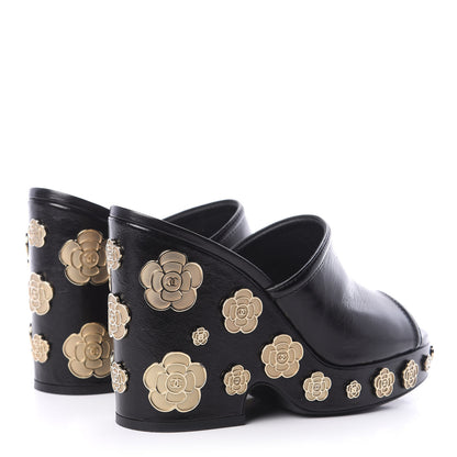 Chanel Crumpled Calfskin Camellia Wedge Mules 39 Black 4 of 9