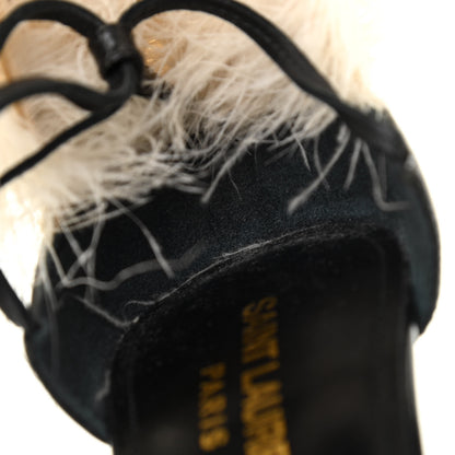 Saint Laurent Feather Embellished Calfskin Talitha Ankle-Wrap Sandals 36 Black White 9 of 12