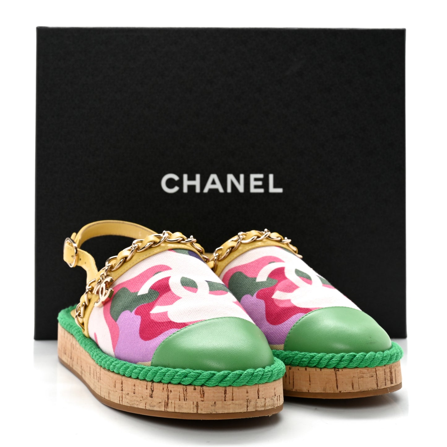 Lambskin Cotton Cork Printed Cap Toe Chain Mules Sandals 36 Multicolor Green