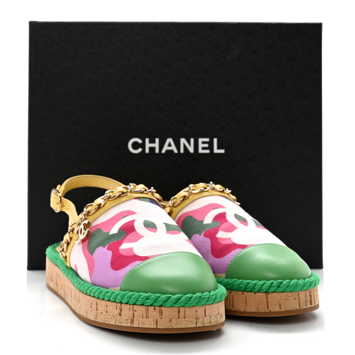 Chanel Lambskin Cotton Cork Printed Cap Toe Chain Mules Sandals 36 Multicolor Green 13 of 13