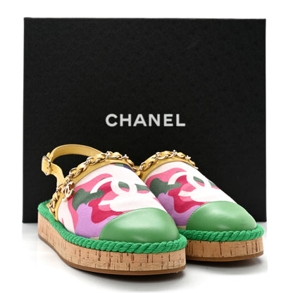 Chanel Lambskin Cotton Cork Printed Cap Toe Chain Mules Sandals 36 Multicolor Green 13 of 13