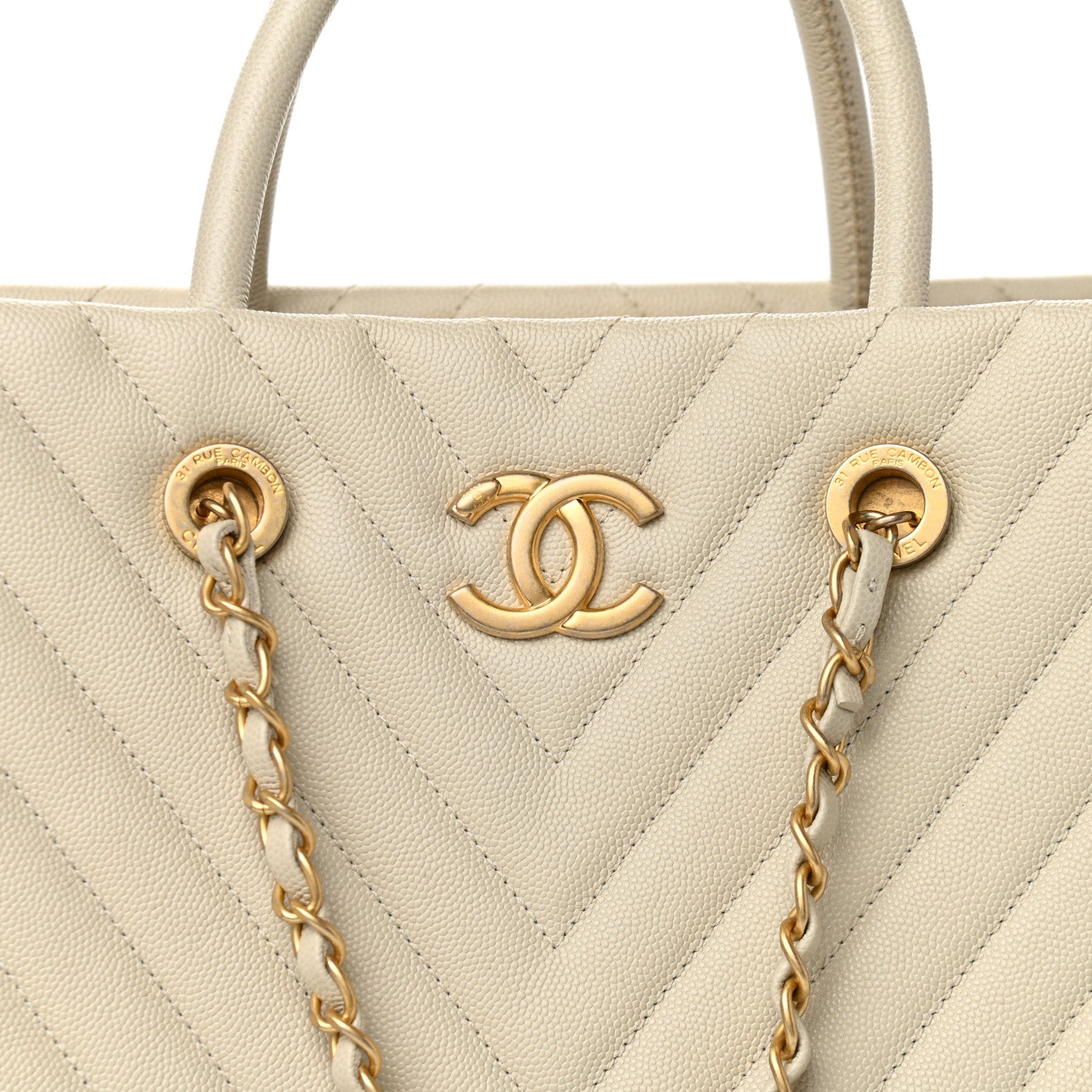 Chanel Caviar Chevron Quilted Coco Handle Shopping Tote Ivory 10 of 14