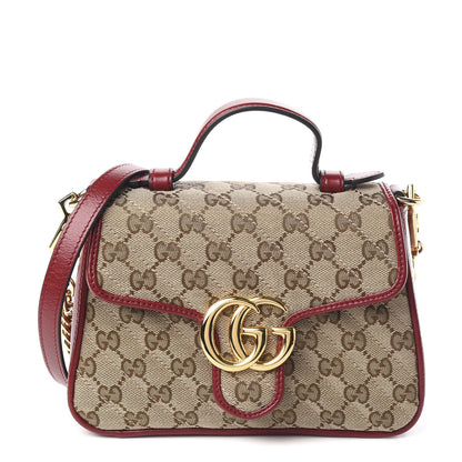 Gucci Monogram Glazed Calfskin Matelasse Diagonal Mini GG Marmont Top Handle Shoulder Bag Beige Ebony New Cherry Red 1 of 13