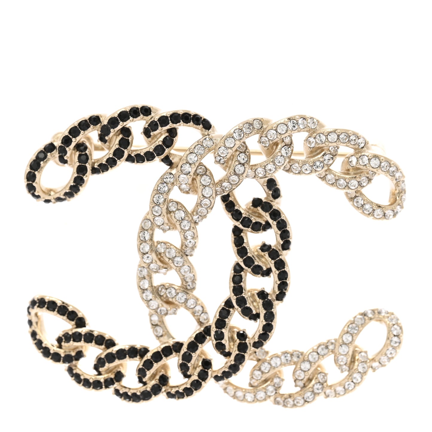 Metal Crystal Chain CC Brooch Gold Black