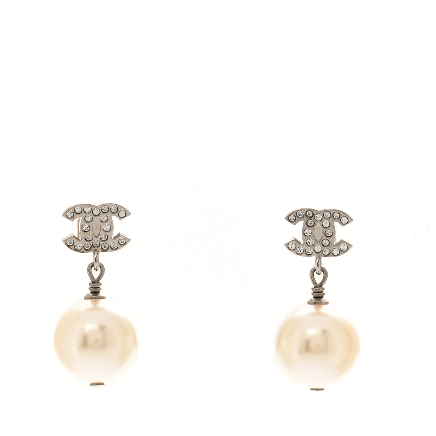 Chanel Crystal Pearl CC Drop Earrings Silver Pearly White 1 of 5