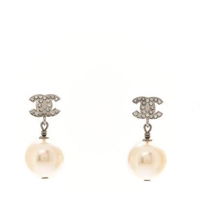 Chanel Crystal Pearl CC Drop Earrings Silver Pearly White 1 of 5