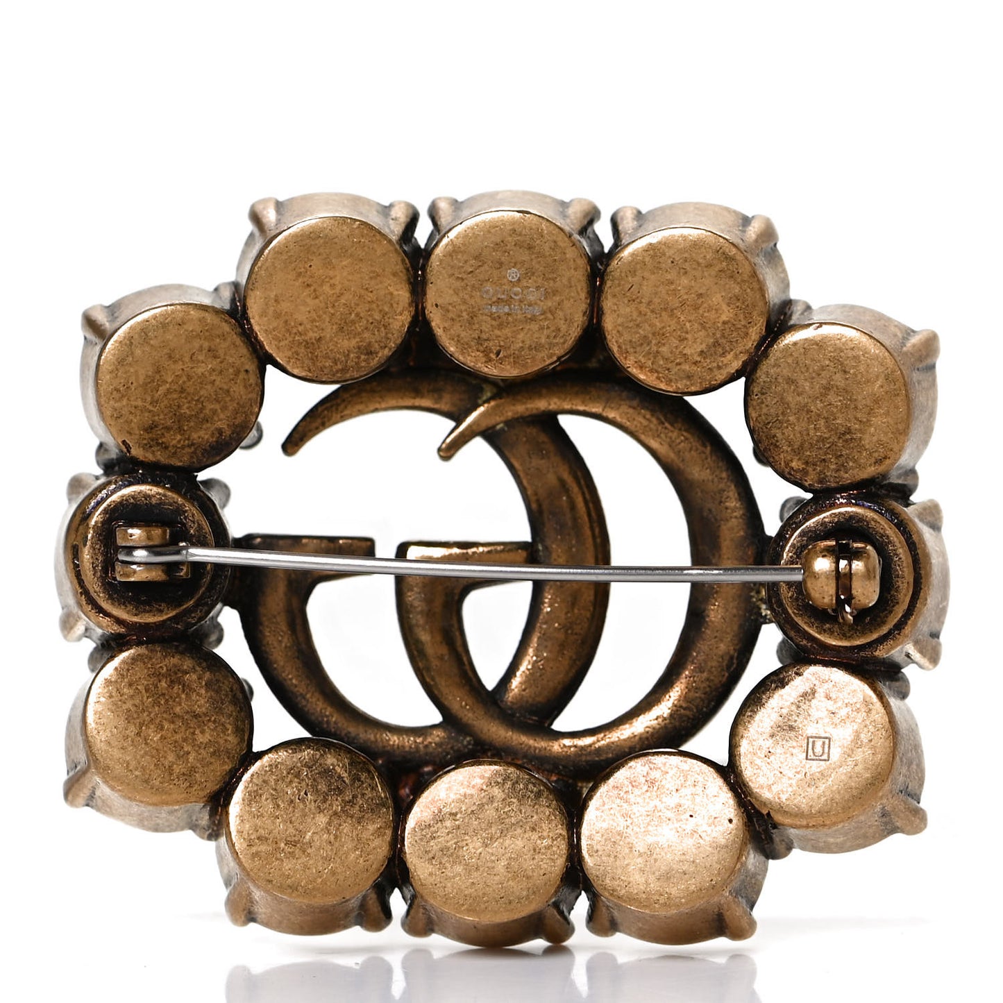 Metal Crystal Double G Brooch Aged Gold