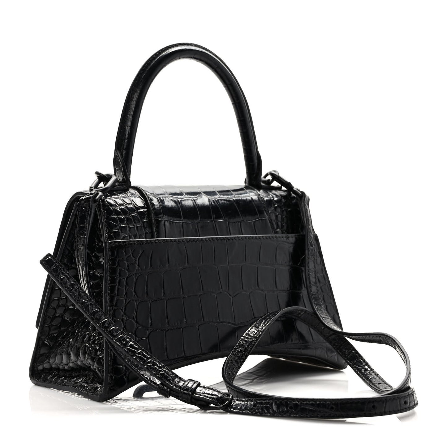Shiny Calfskin Monochrome Crocodile Embossed Small Hourglass Top Handle Bag Black