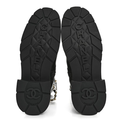 Chanel Shiny Calfskin Patent Quilted Chain Lace Up Combat Boots 39.5 Black 6 of 9