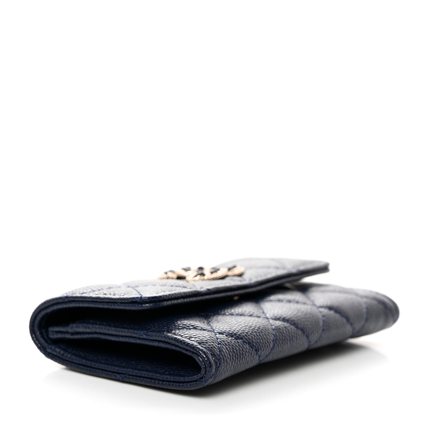 Caviar Quilted Crystal CC Flap Card Holder Navy Blue