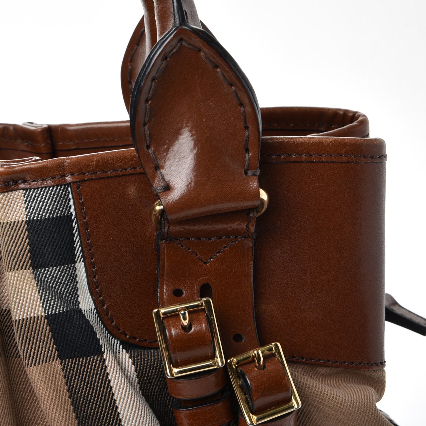 House Check Bridle Calfskin Small Whipstitch Tote Dark Tan