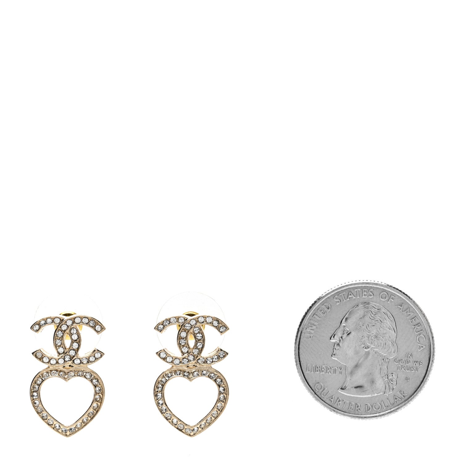 Chanel Metal Crystal CC Heart Drop Earrings Gold 2 of 4