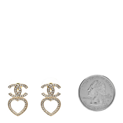 Chanel Metal Crystal CC Heart Drop Earrings Gold 2 of 4