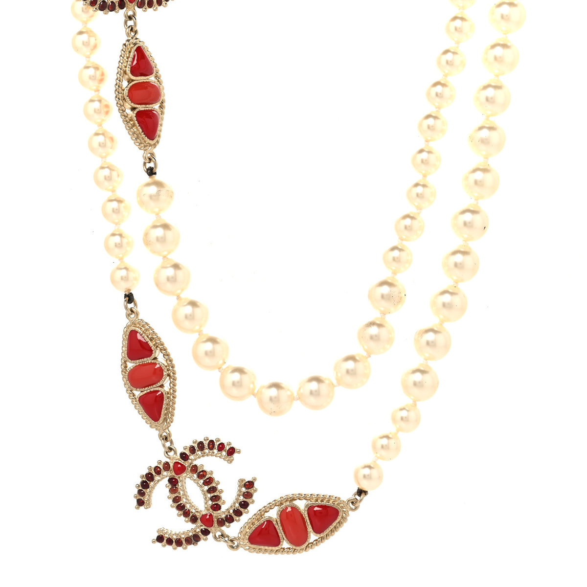 Pearl Gripoix CC Long Strand Necklace Gold Red