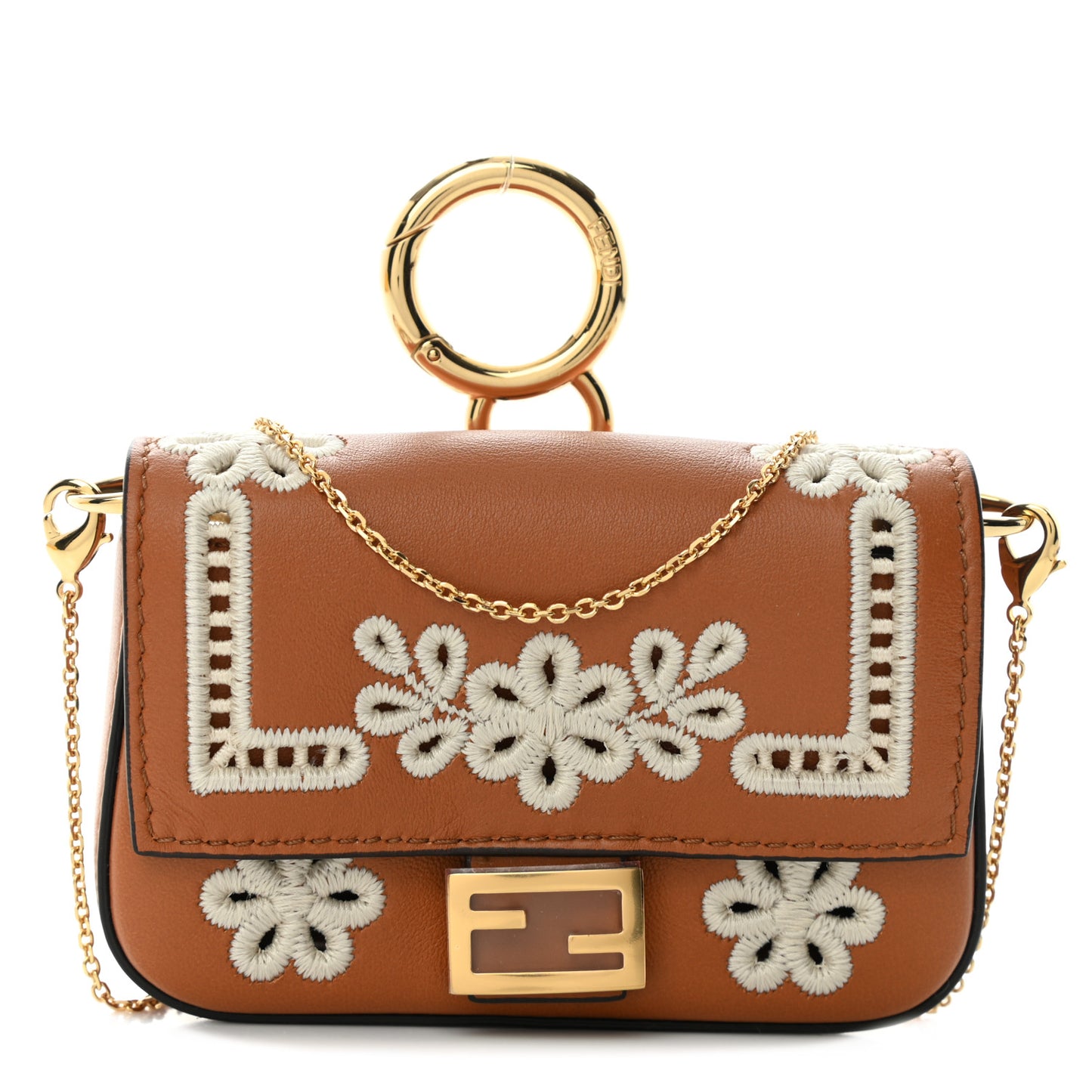 Shiny Nappa Vitello King Floral Ajour Embroidered Nano Baguette Charm Brandy