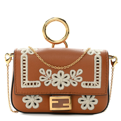 Fendi Shiny Nappa Vitello King Floral Ajour Embroidered Nano Baguette Charm Brandy 1 of 9