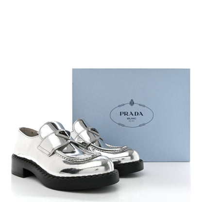 Prada Metallic Brushed Calfskin Metal Triangle Logo 50mm Loafers 38.5 Argento 9 of 9
