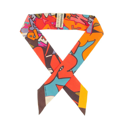 Hermes Silk Graff Graffiti Twilly Marron Orange Vert De Gris 1 of 4