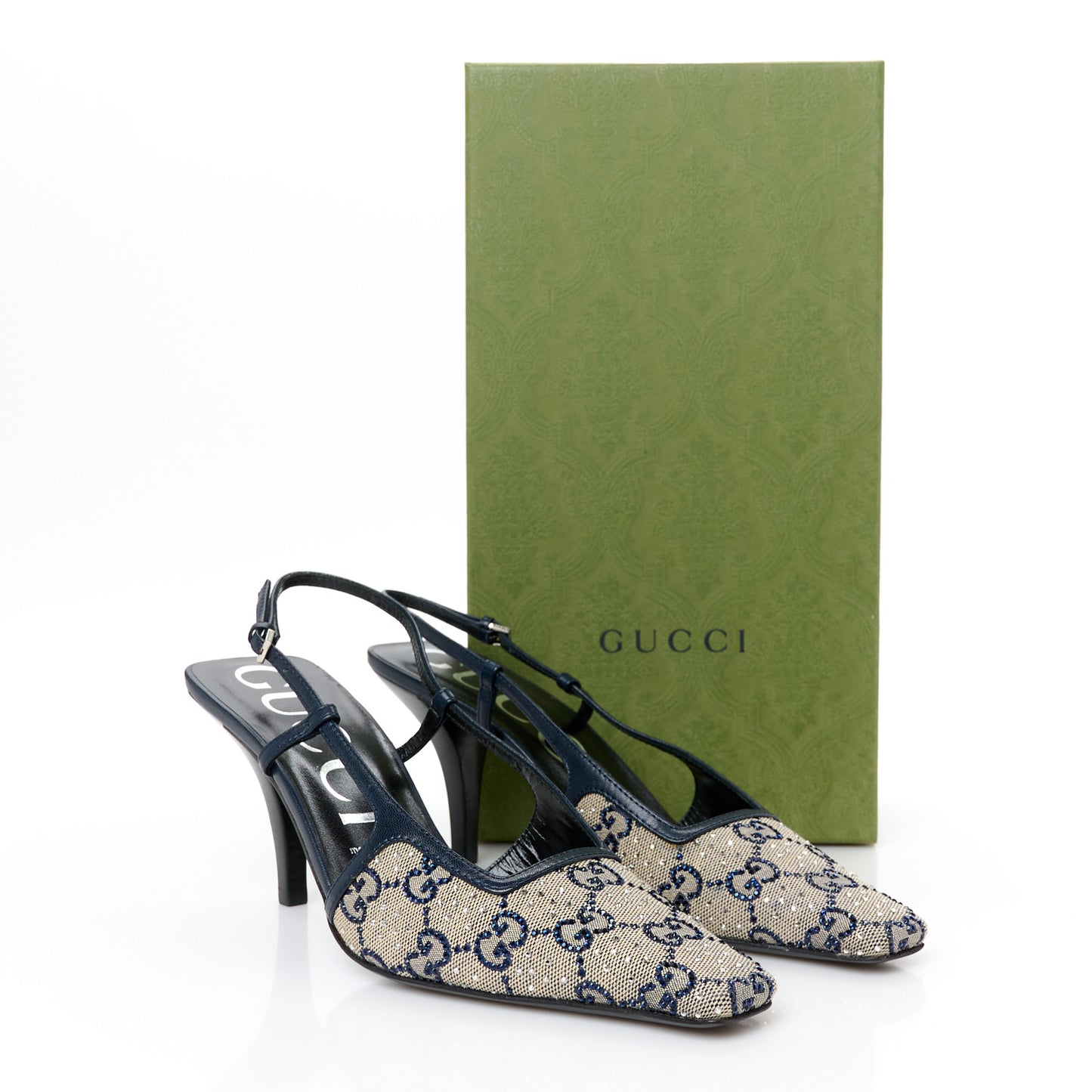 GG Monogram Malaga Kid Crystal Square G 75mm Slingback Pumps 38 Beige Blue