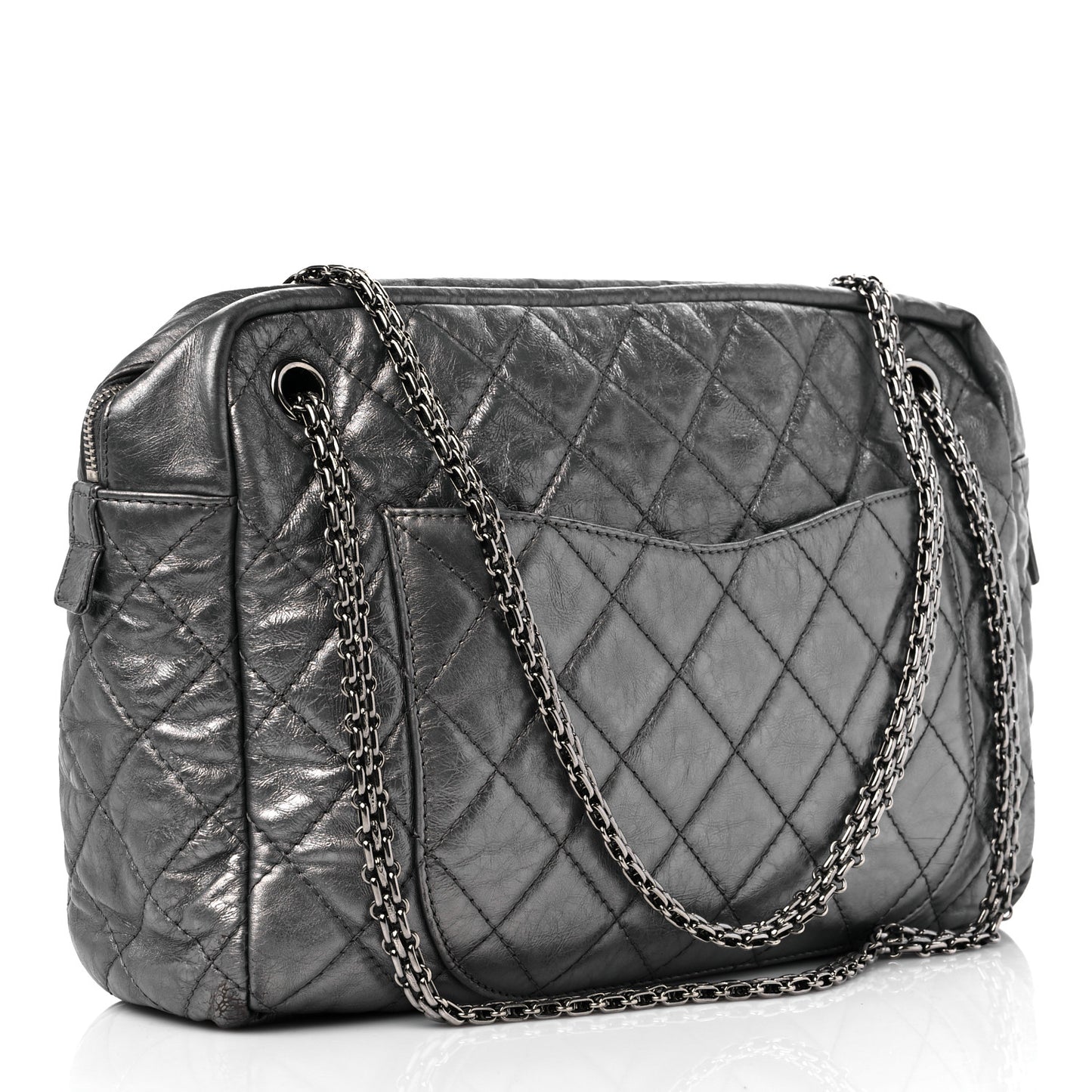 Metallic Aged Calfskin Quilted Large Reissue Camera Case Silver
