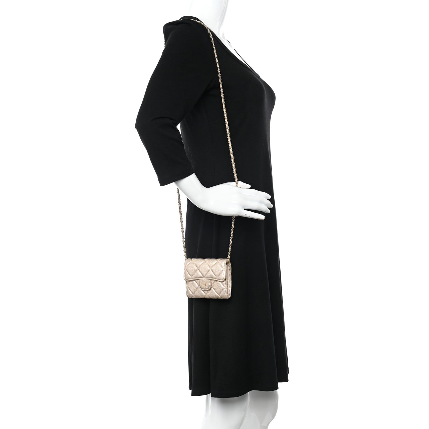 Metallic Lambskin Quilted Flap Card Holder On Chain Gold