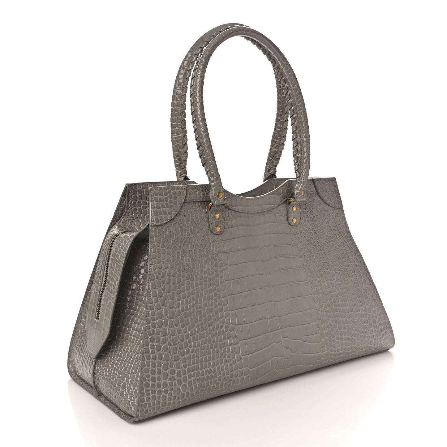Semi Matte Calfskin Crocodile Embossed Neo Classic Gold Hardware Large Top Handle Bag Steel Grey