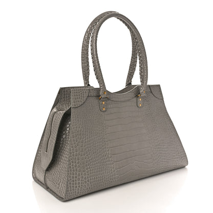 Balenciaga Semi Matte Calfskin Crocodile Embossed Neo Classic Gold Hardware Large Top Handle Bag Steel Grey 3 of 8