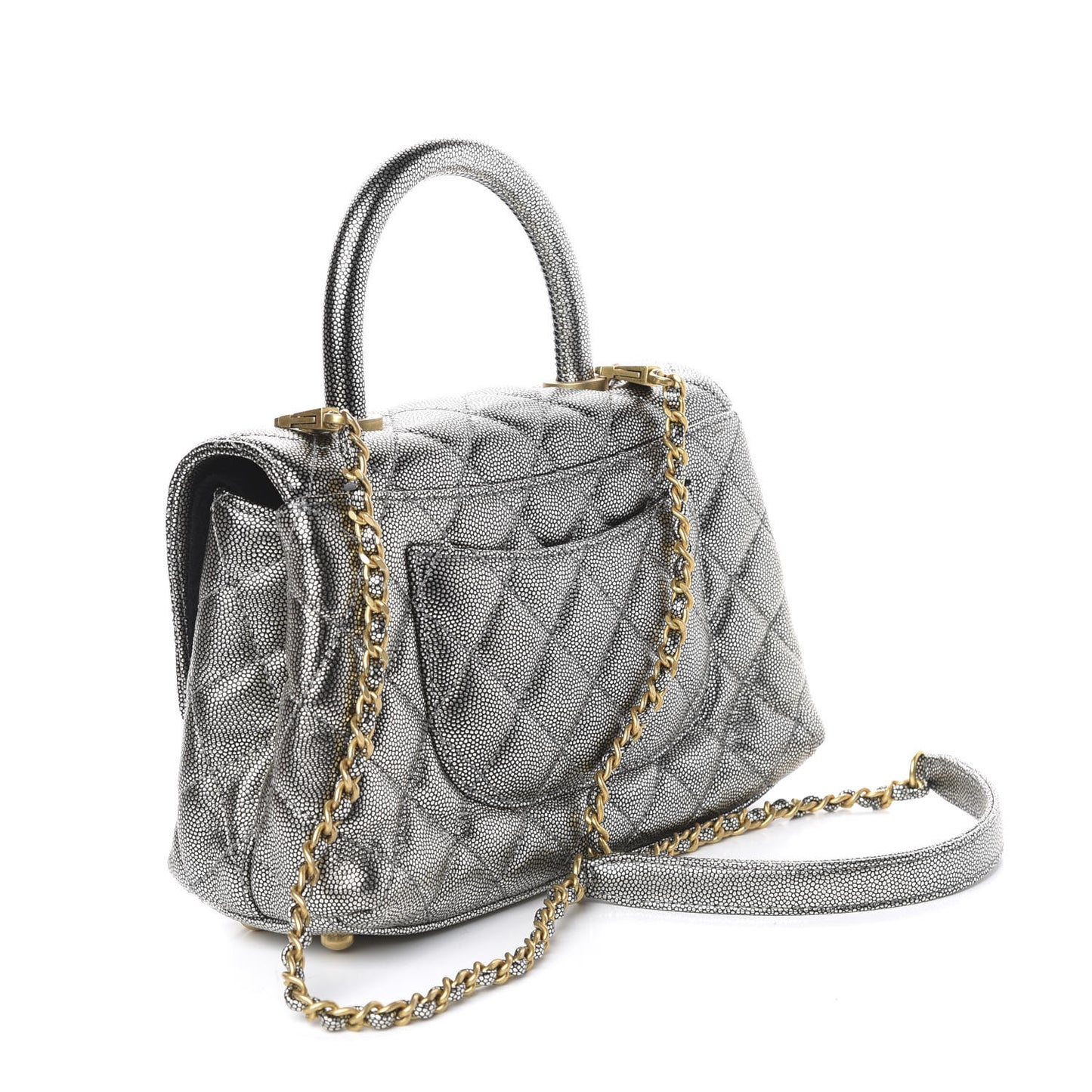 Metallic Caviar Quilted Mini Coco Handle Flap Silver