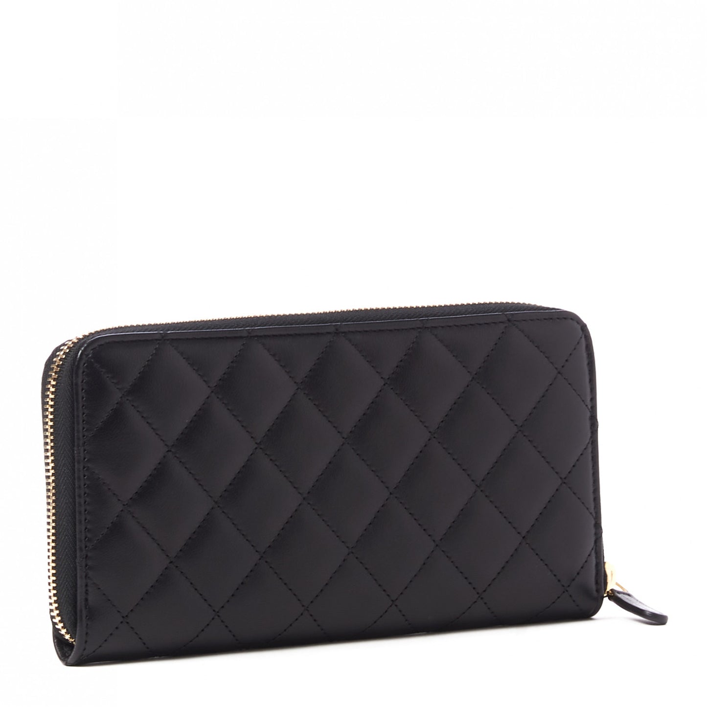 Lambskin Quilted Large Gusset Zip Around Wallet Black