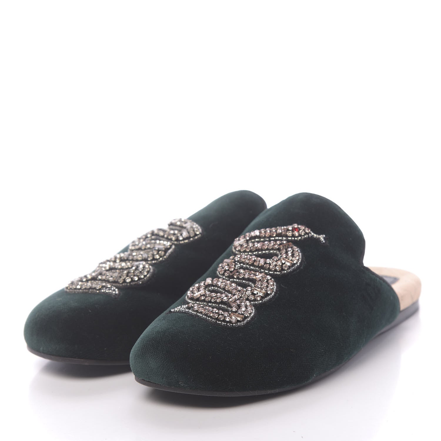 Gucci Velvet Crystal Snake Embroidered Womens Slippers 35 Dark Green 3 of 9