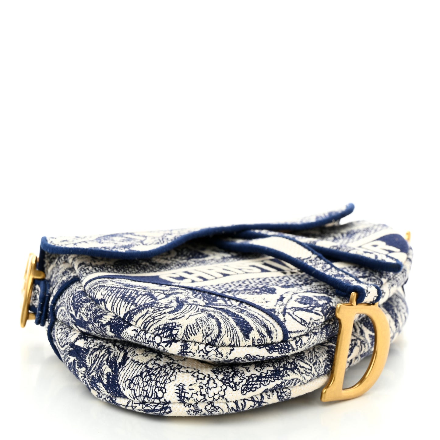 Canvas Embroidered Toile de Jouy Saddle Bag Blue