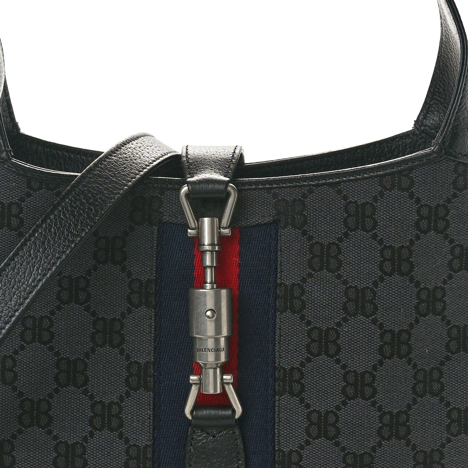 Gucci X BALENCIAGA BB Monogram Calfskin Web Small Jackie 1961 Hobo Black 8 of 10