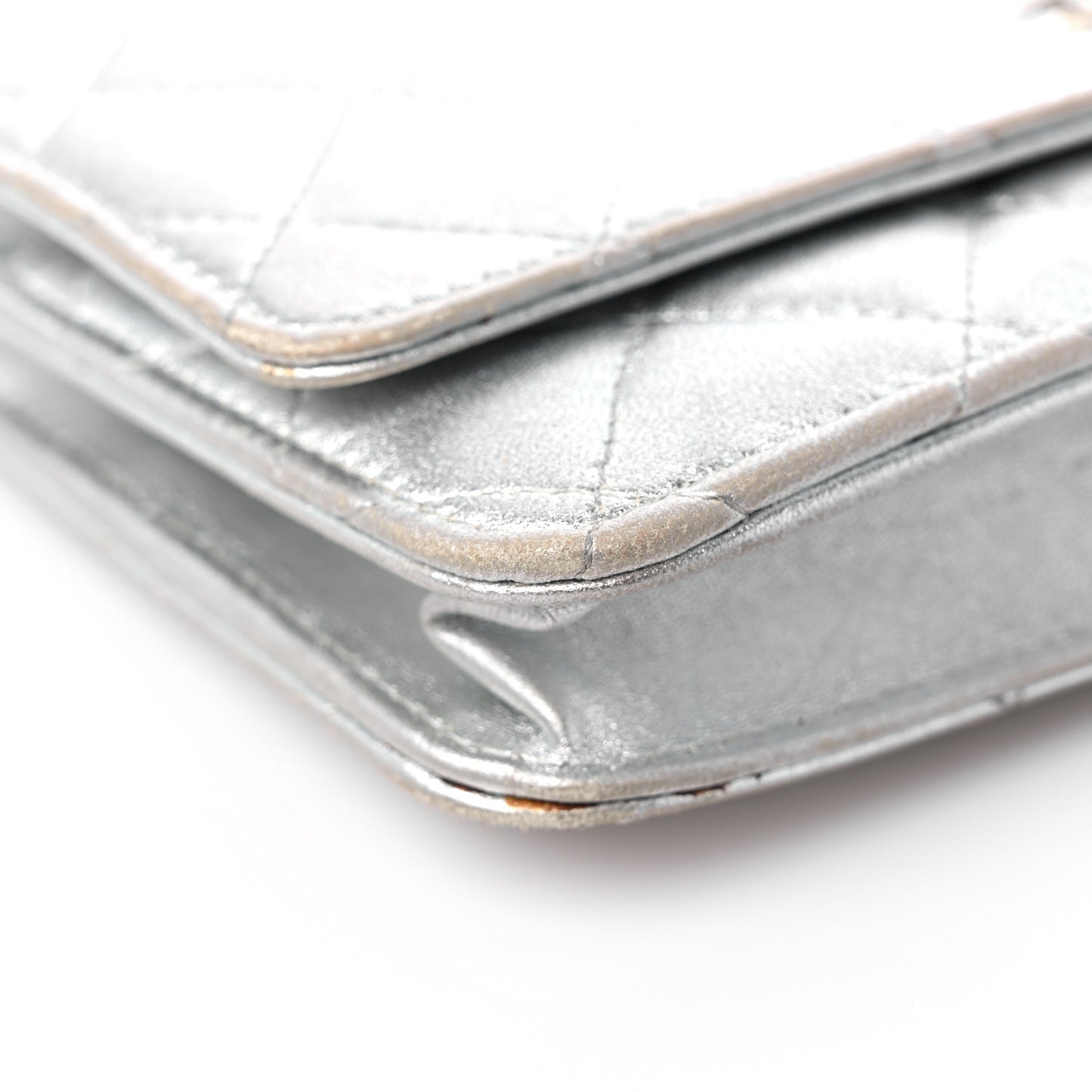 Metallic Lambskin Quilted Wallet On Chain WOC Silver