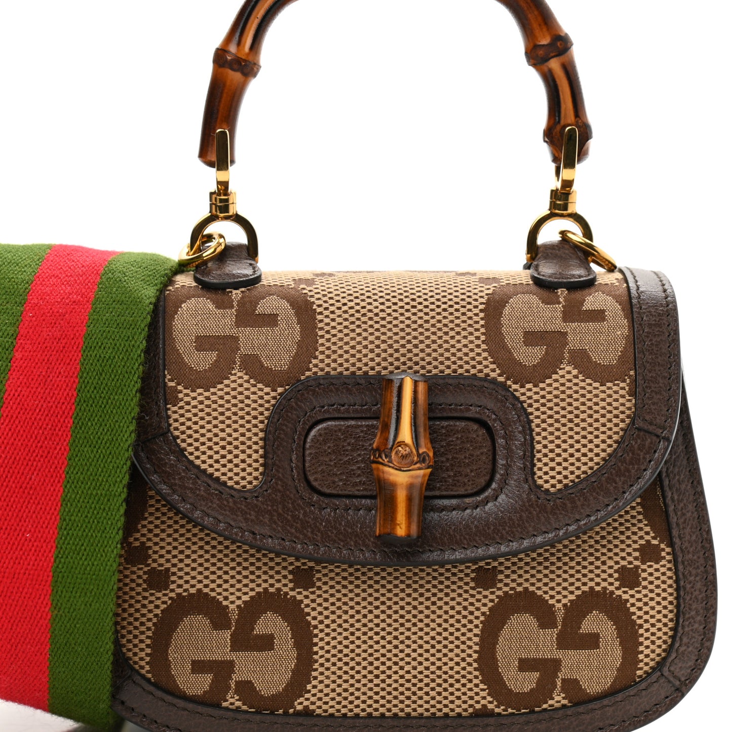 Monogram Jumbo GG Textured Dollar Calfskin Web Mini Bamboo 1947 Top Handle Bag Camel Ebony New Acero