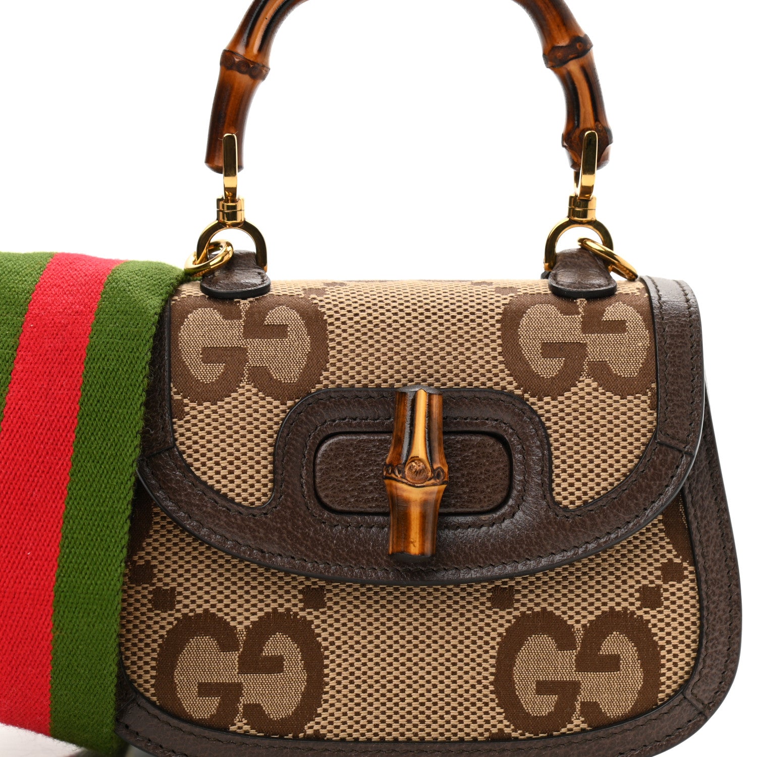 Gucci Monogram Jumbo GG Textured Dollar Calfskin Web Mini Bamboo 1947 Top Handle Bag Camel Ebony New Acero 7 of 10