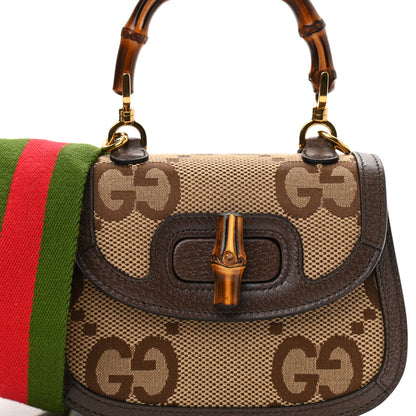 Gucci Monogram Jumbo GG Textured Dollar Calfskin Web Mini Bamboo 1947 Top Handle Bag Camel Ebony New Acero 7 of 10