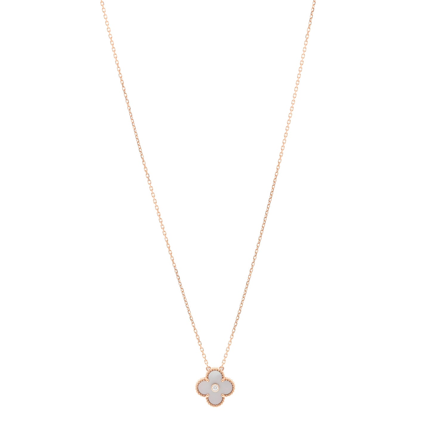 18K Rose Gold Diamond Pink Mother of Pearl Vintage Alhambra Pendant Necklace