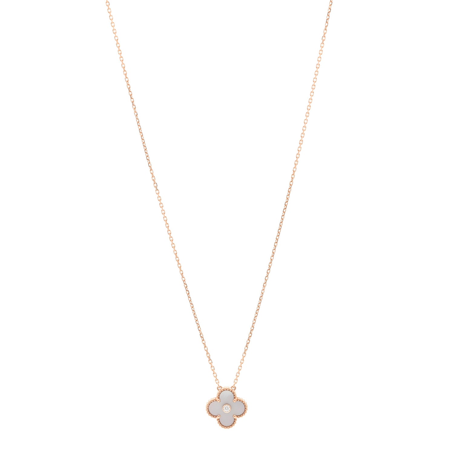 Van Cleef & Arpels 18K Rose Gold Diamond Pink Mother of Pearl Vintage Alhambra Pendant Necklace 1 of 6