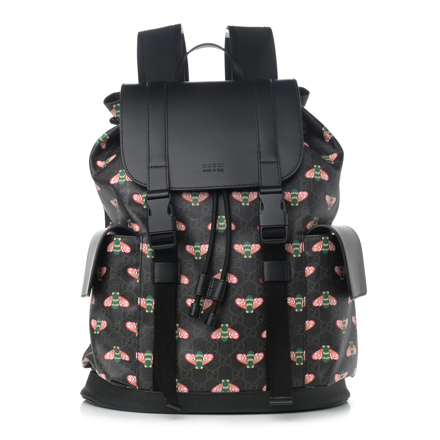 Soft GG Supreme Monogram Bee Multicolor Appia Calfskin Double Buckle Backpack Black Multicolor