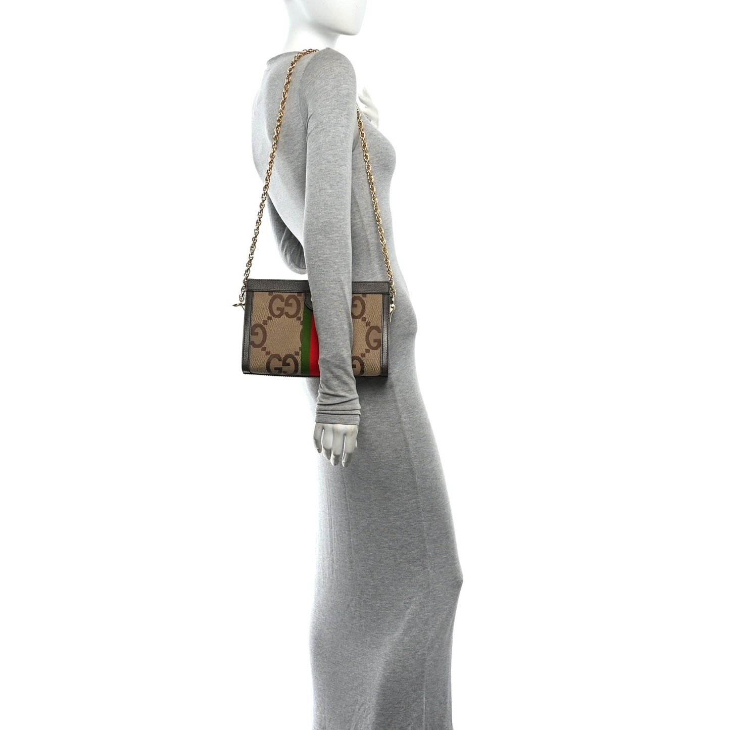 Monogram Jumbo GG Textured Dollar Calfskin Web Small Ophidia Chain Shoulder Bag Camel Ebony New Acero