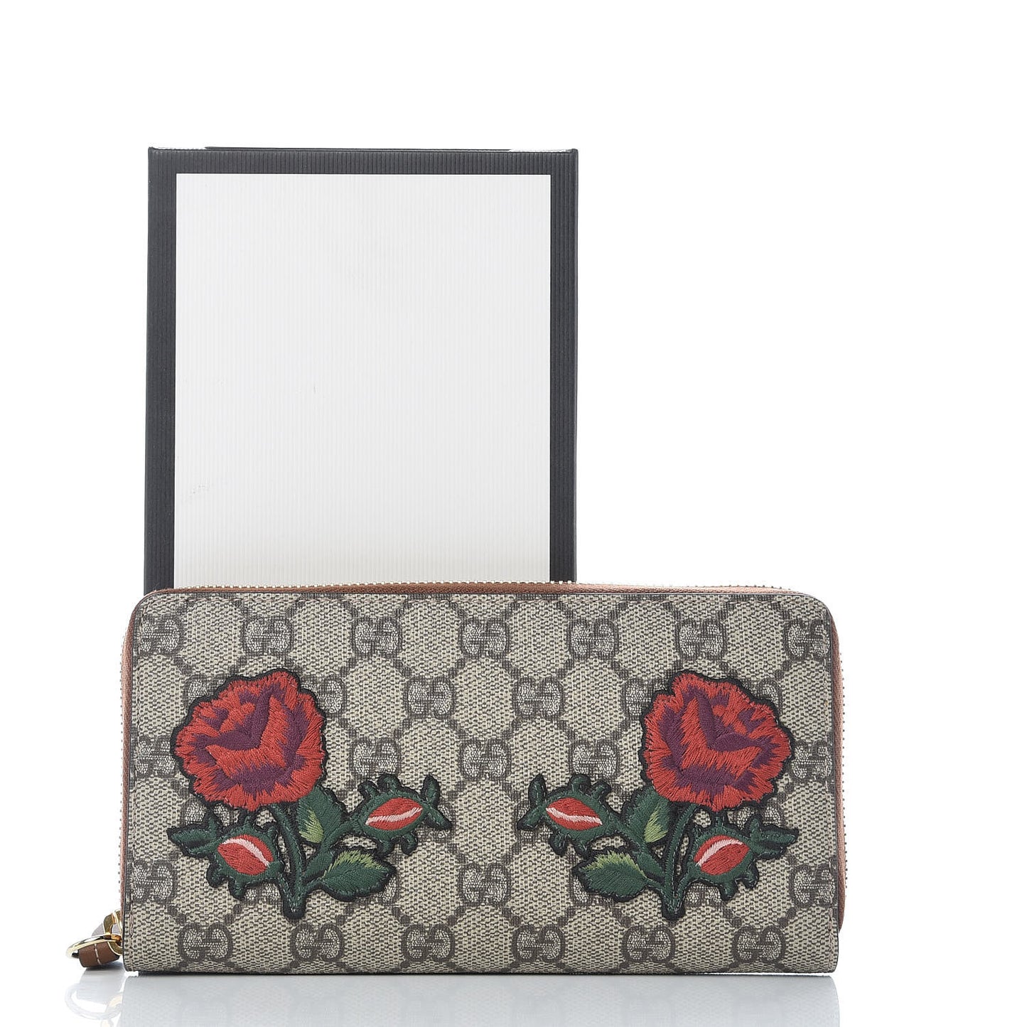 GG Supreme Monogram Embroidered Roses Zip Around Wallet Red