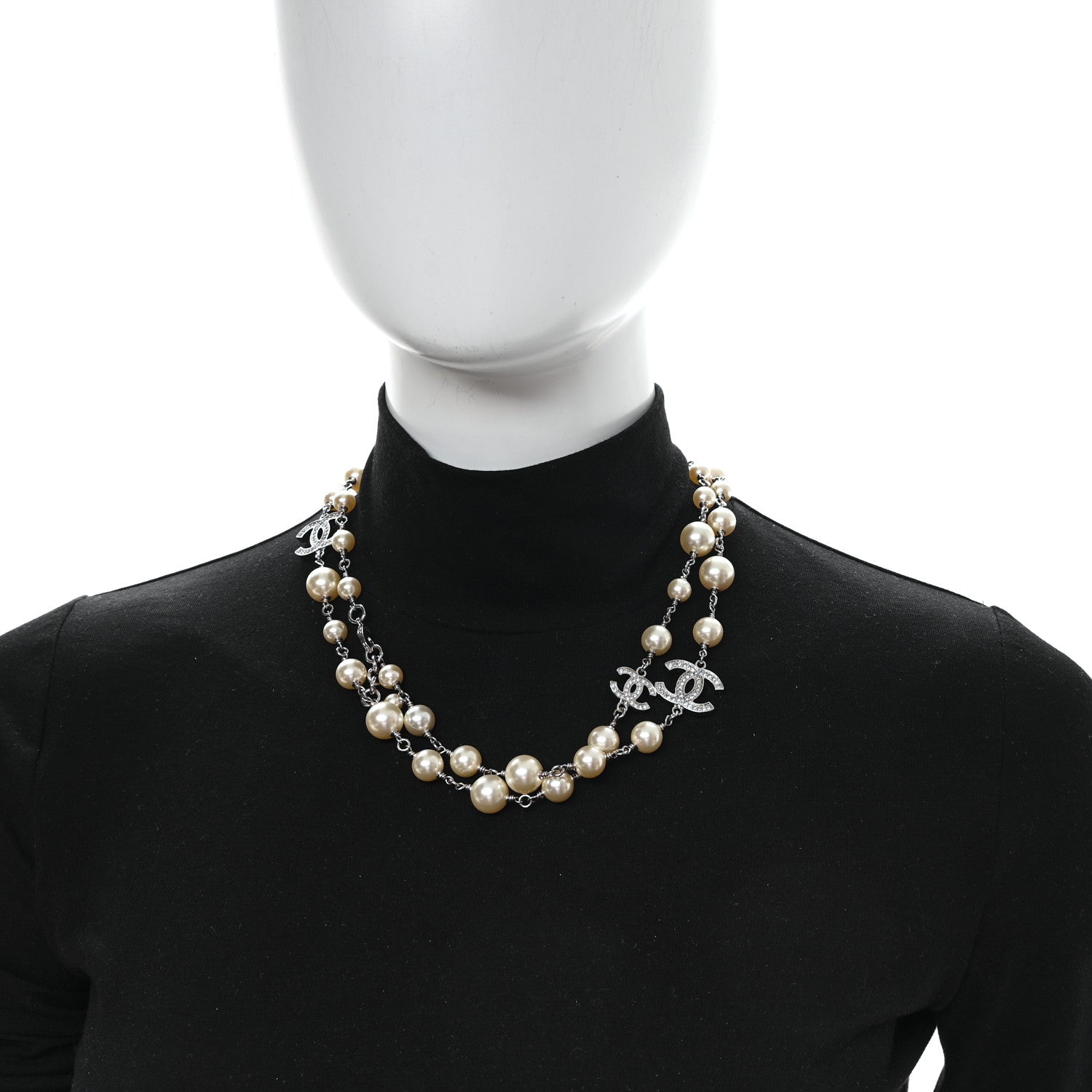 Chanel Graduated Pearl Crystal CC Long Necklace Silver 2 of 5
