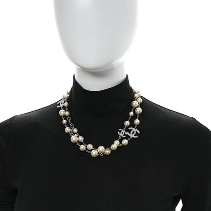 Chanel Graduated Pearl Crystal CC Long Necklace Silver 2 of 5