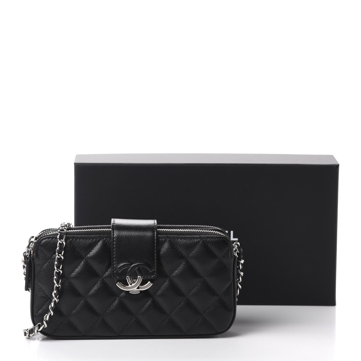 Grained Calfskin Quilted CC Box Clutch With Chain Black
