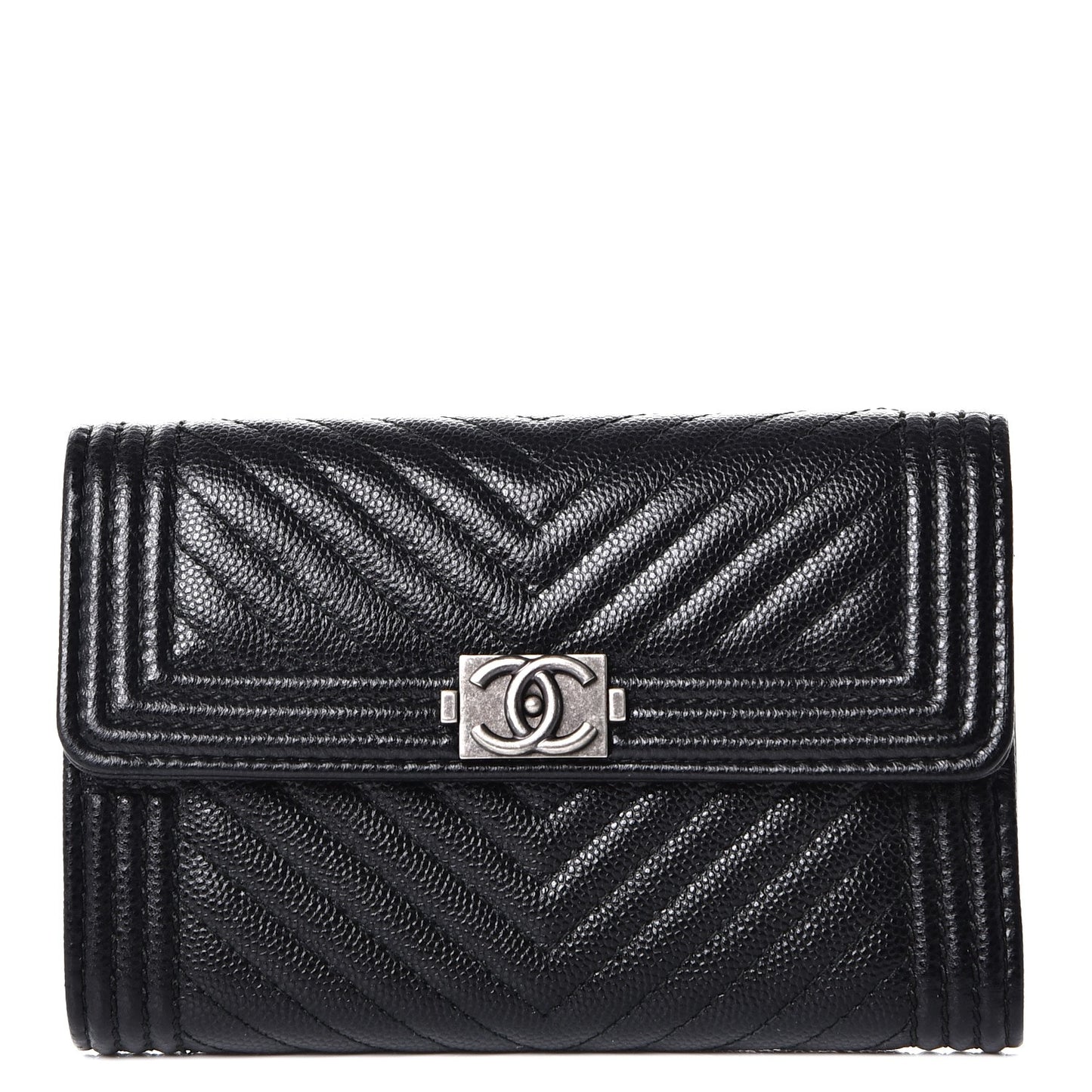 Caviar Chevron Quilted Small Boy Flap Wallet Black