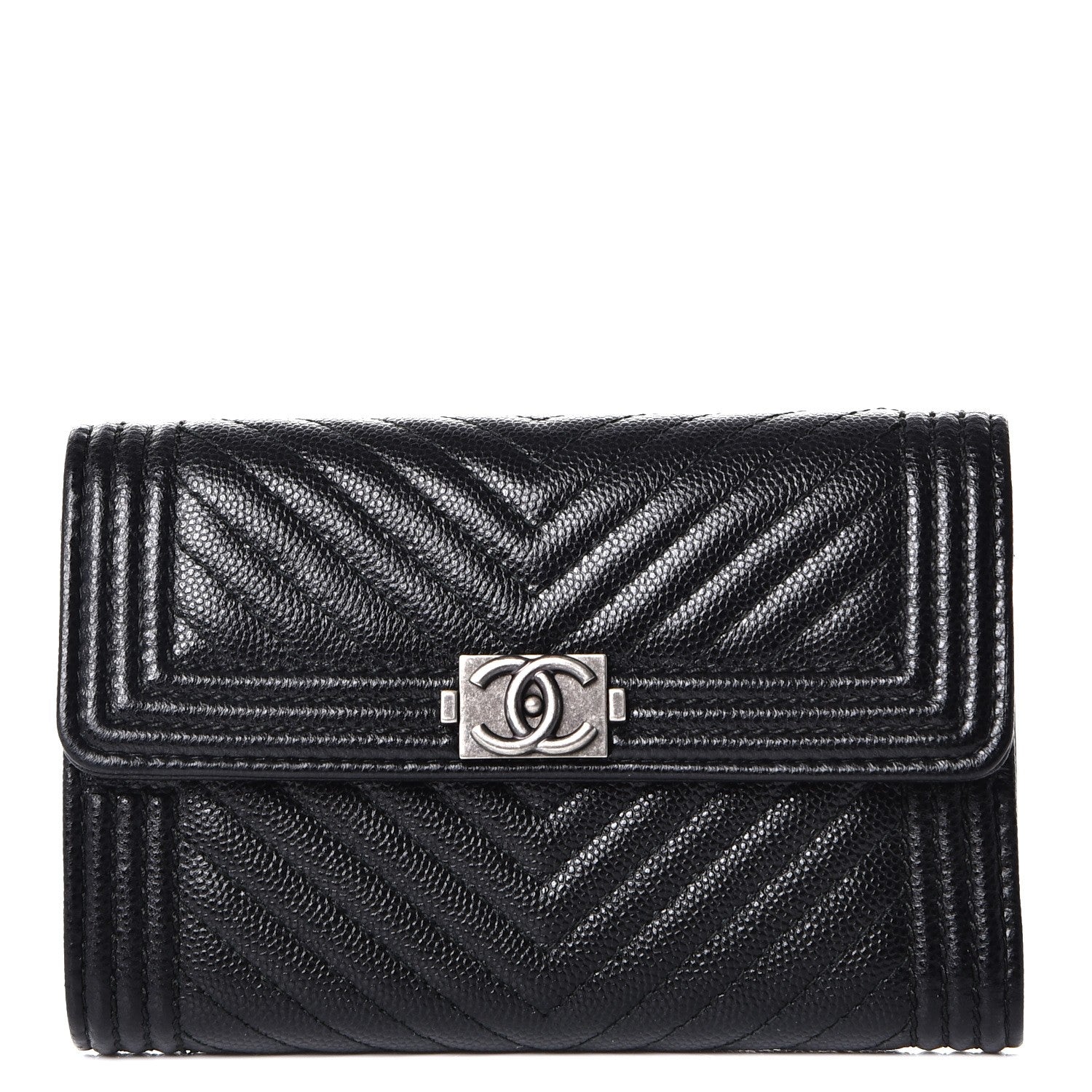Chanel Caviar Chevron Quilted Small Boy Flap Wallet Black 1 of 10