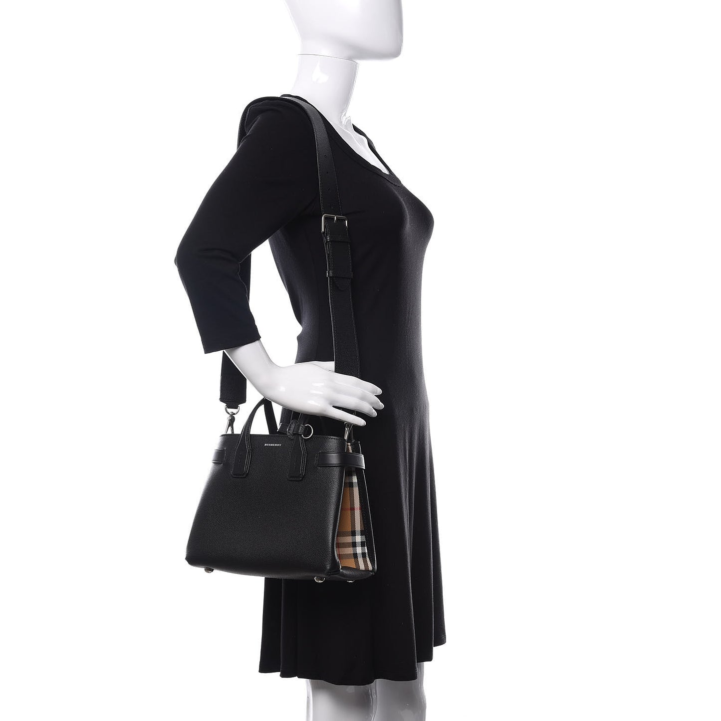 Grainy Calfskin House Check Small Banner Tote Black